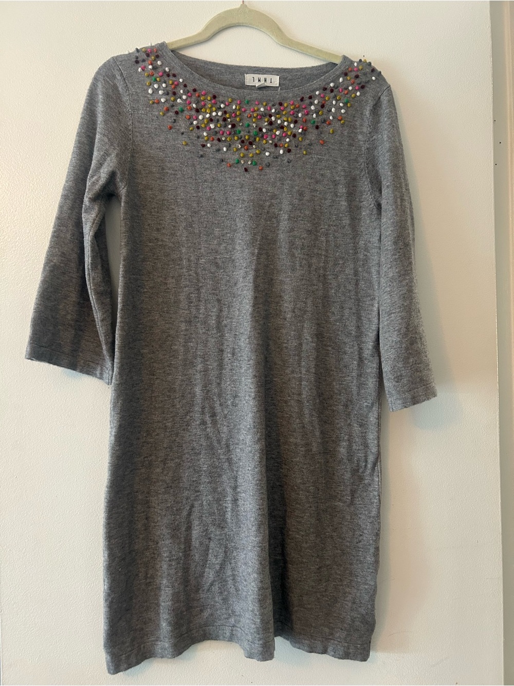THML Gray Knit Sweater with Multicolor Pom Embellishment